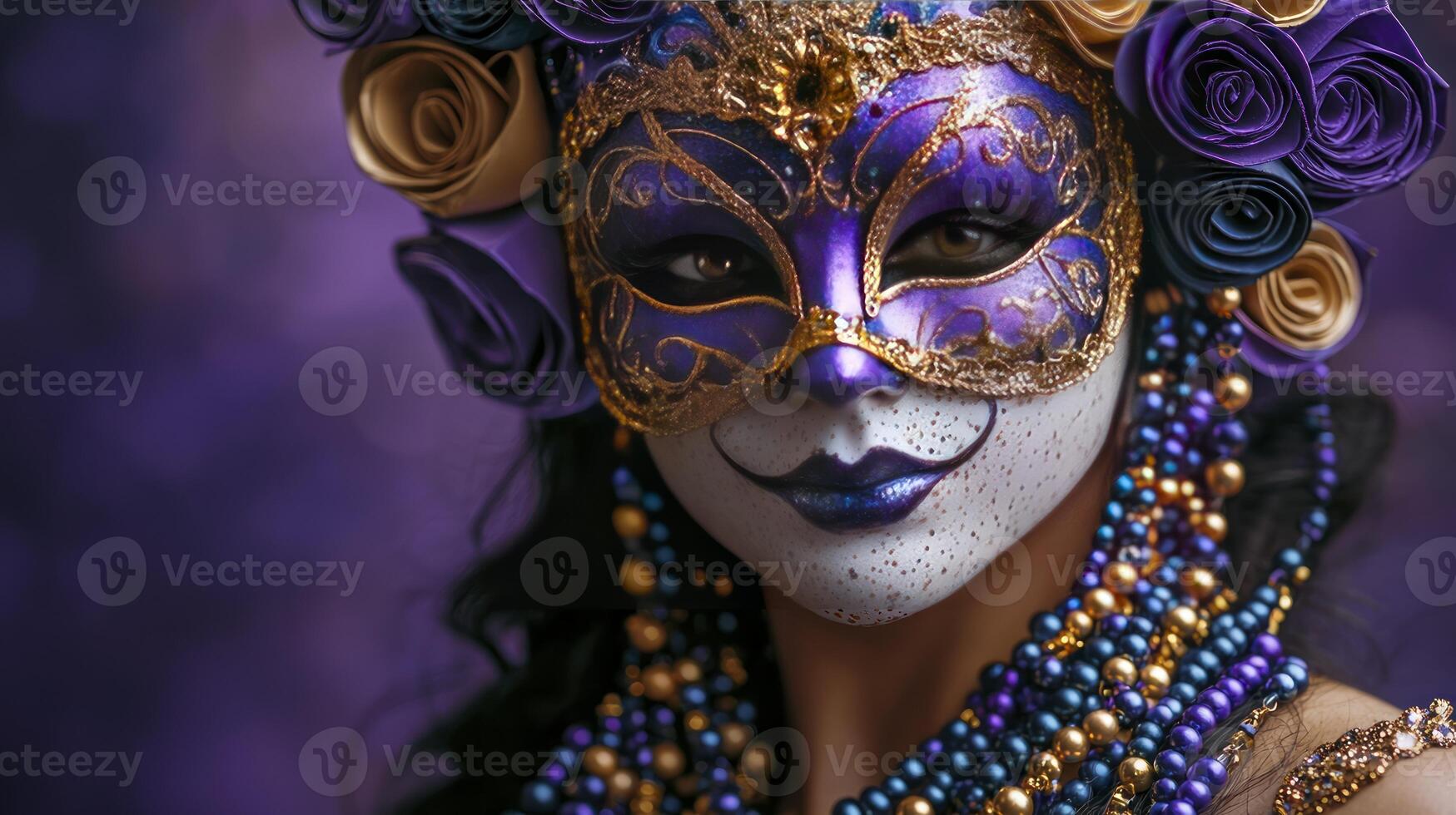 A woman with a purple and gold mask photo