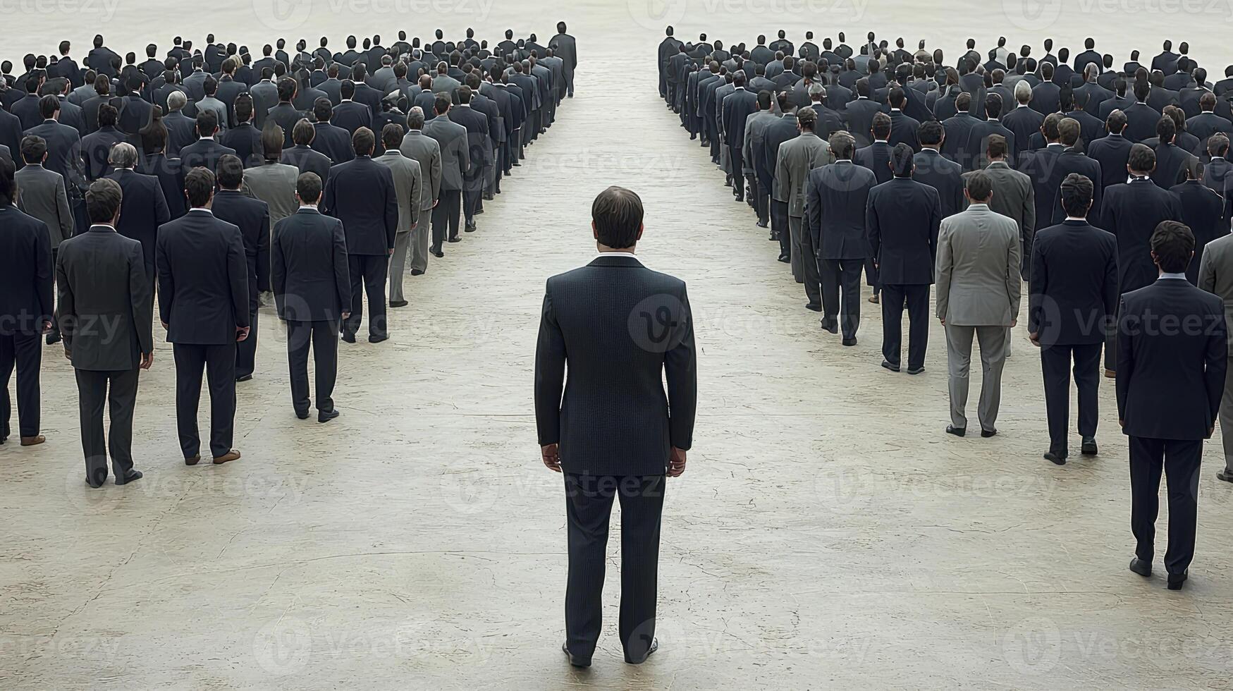 A man in a suit stands in front of a large crowd photo