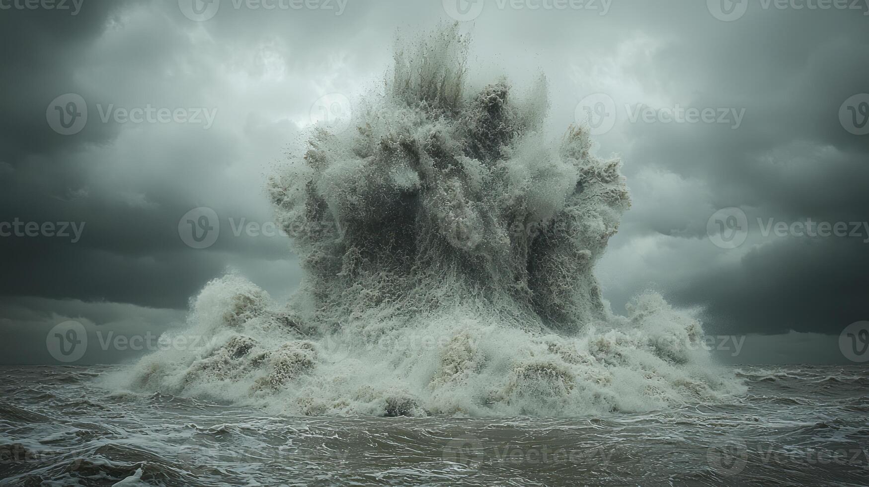 A large wave crashing into the ocean under a cloudy sky photo
