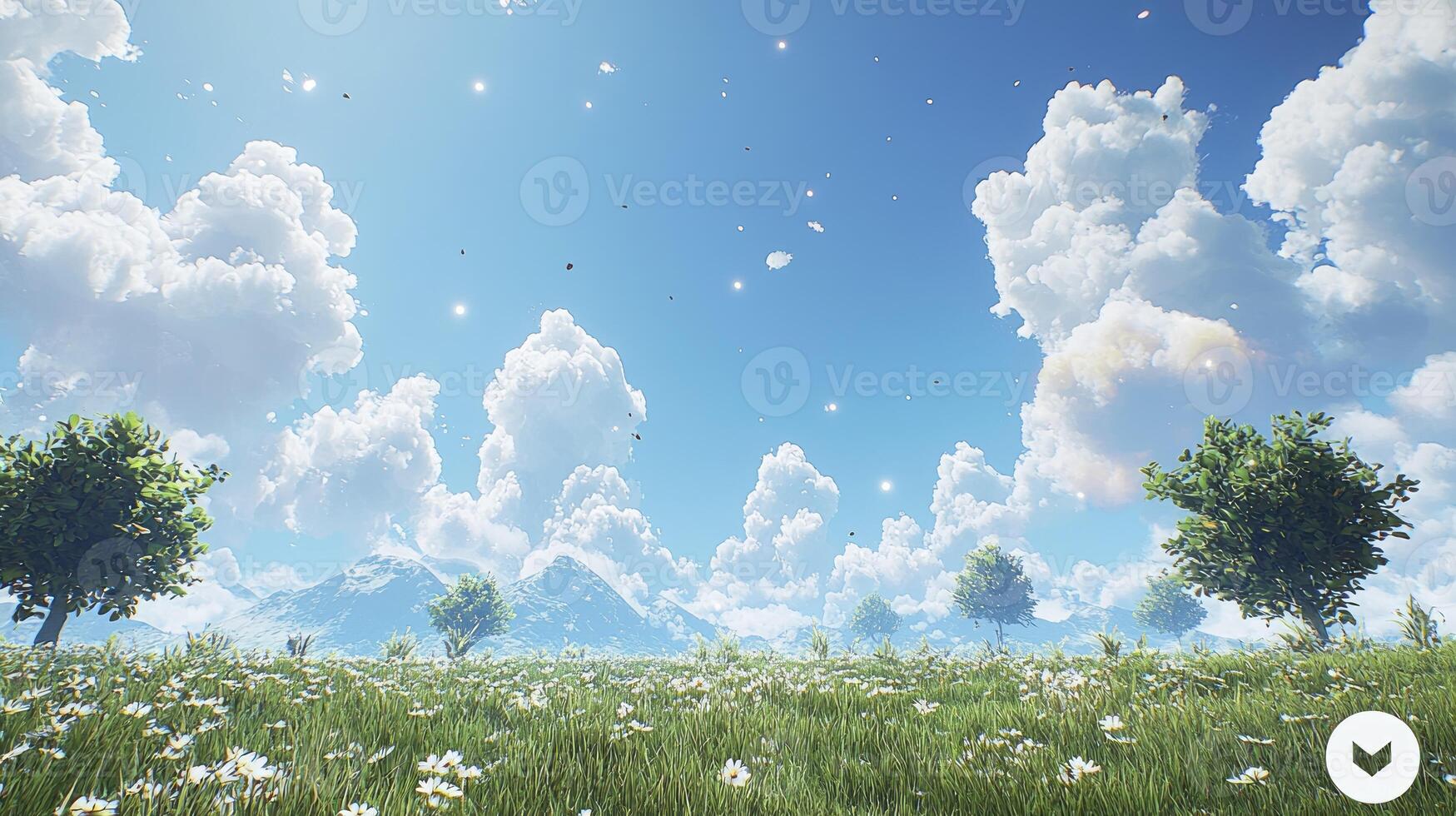 A field with trees and clouds in the sky photo