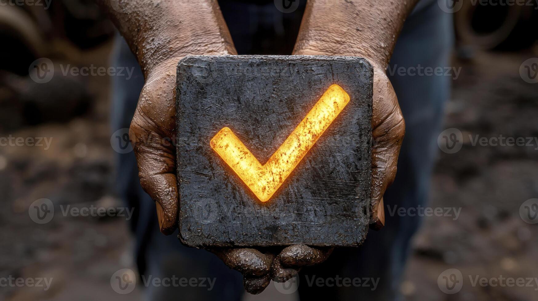 A person holding a black block with a check mark on it photo