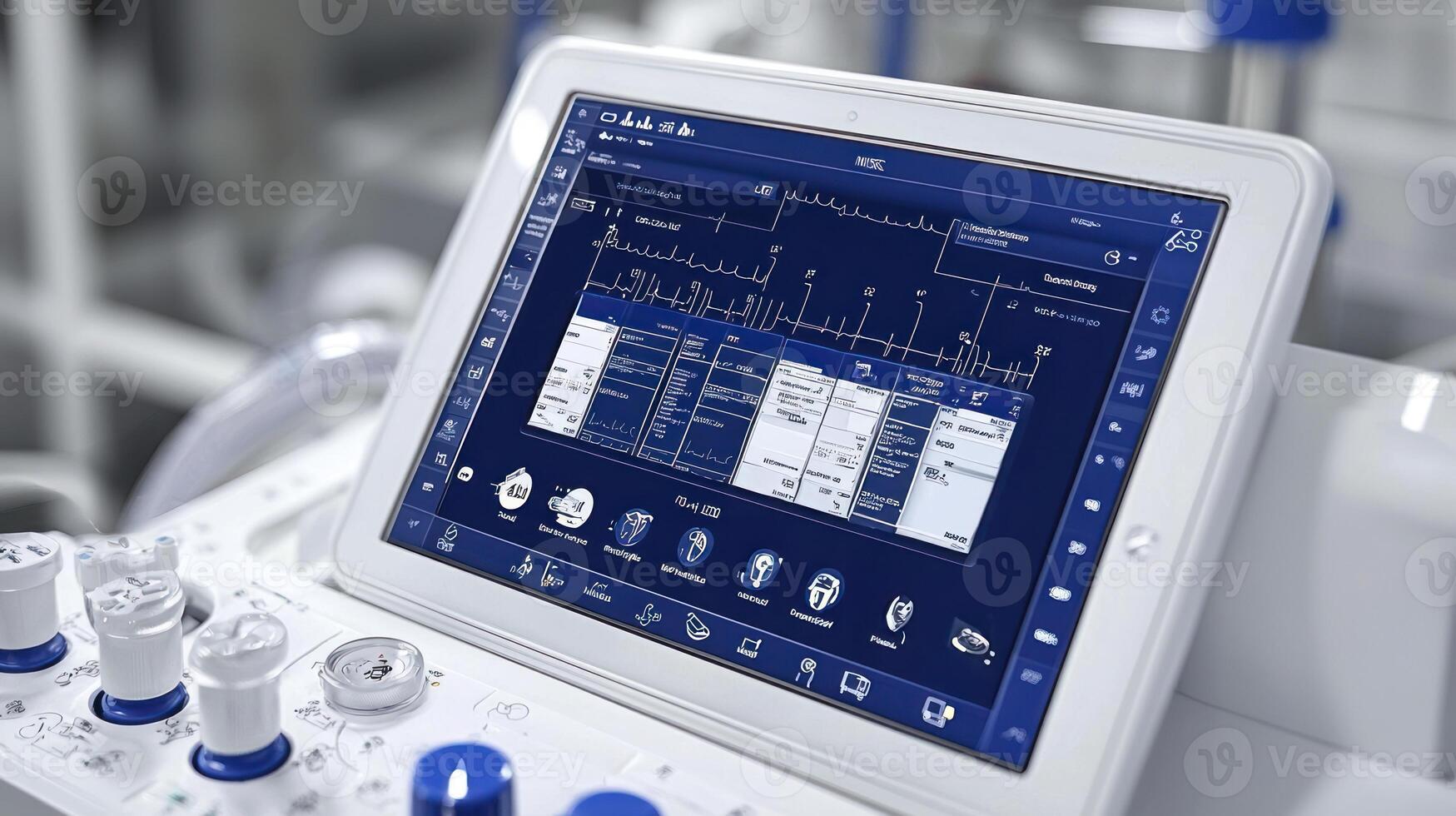 A tablet computer is sitting on a table in a hospital room photo