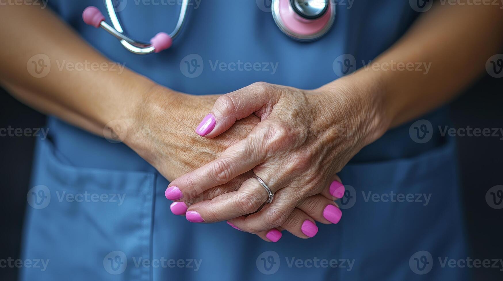 A nurse holding her hands together with a stethoscope photo