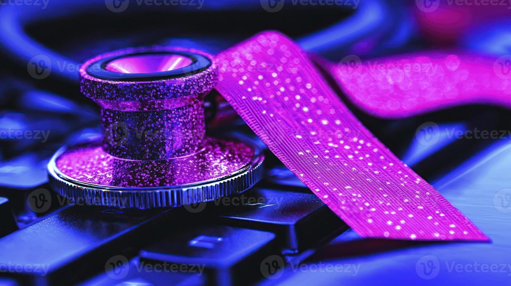 A stethoscope on a keyboard with a pink ribbon photo