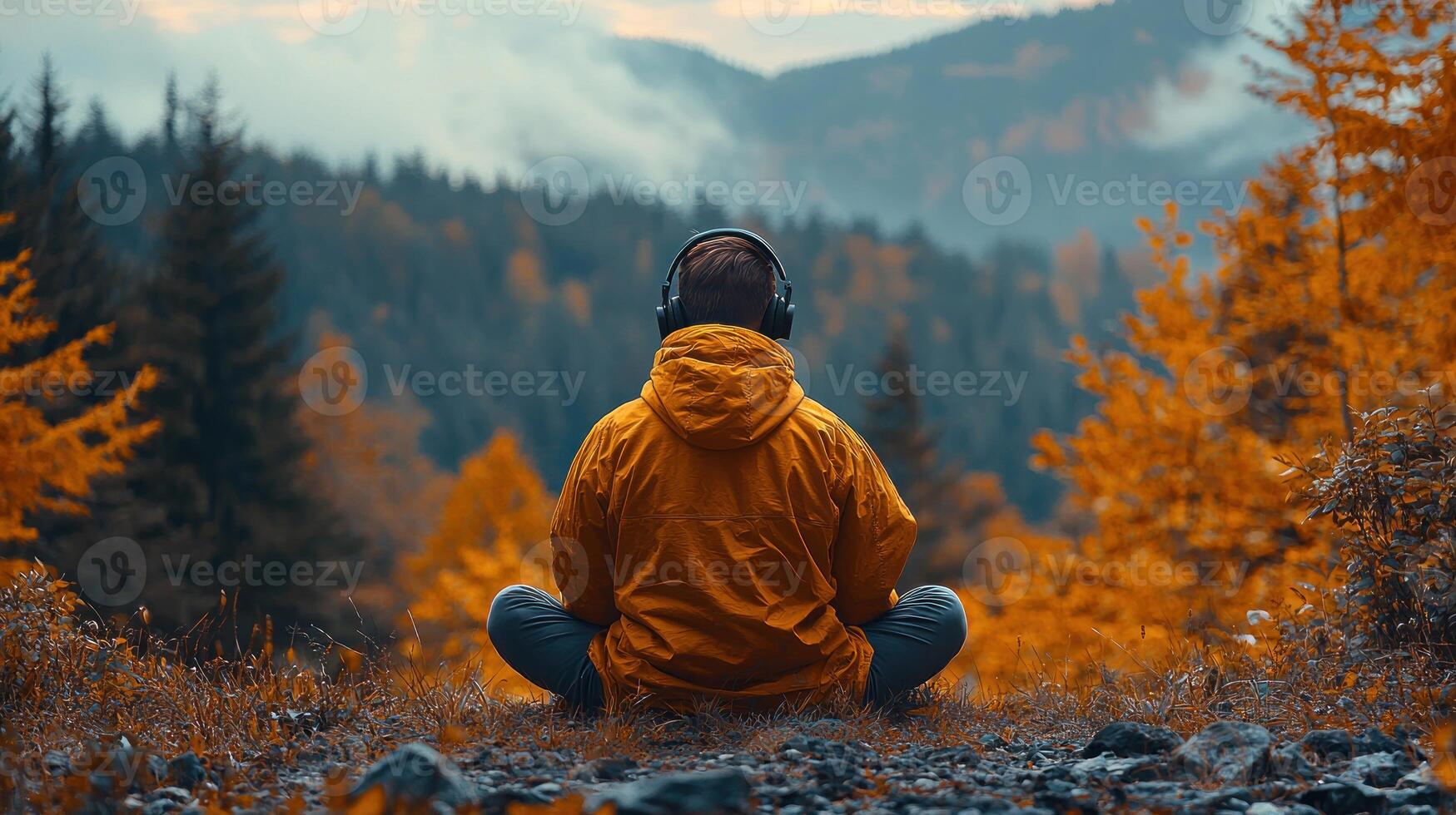 A person sitting in the middle of a field with mountains in the background photo