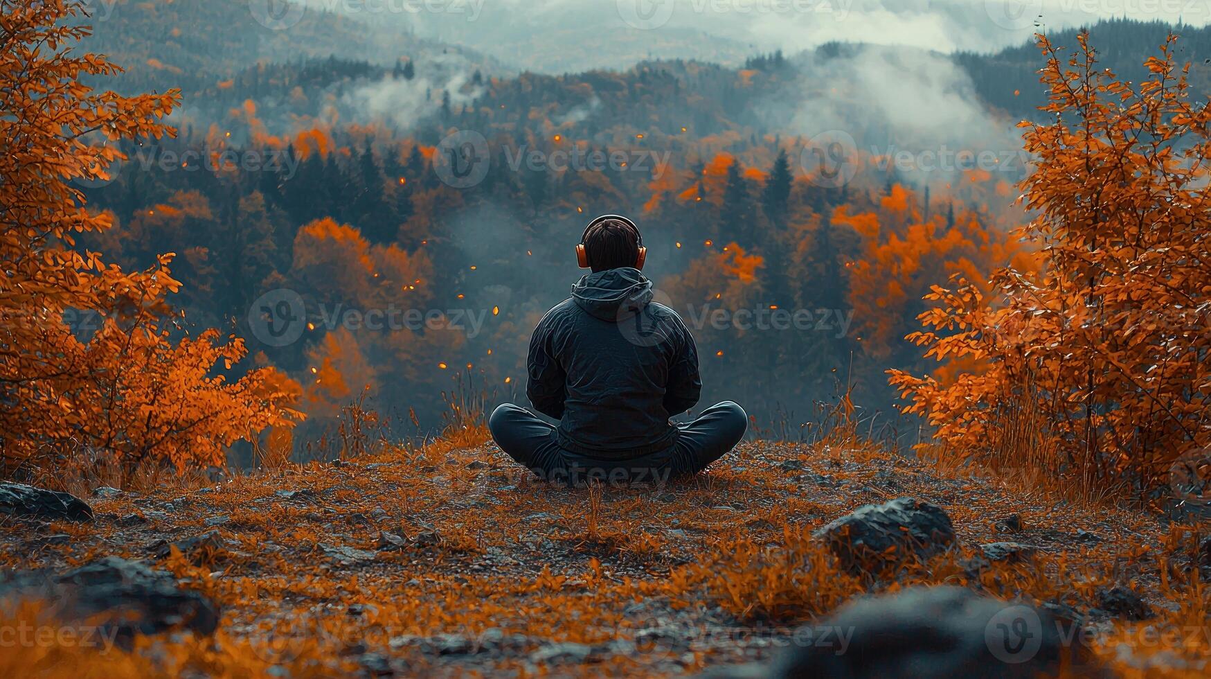 A person sitting in meditation in the middle of a forest photo