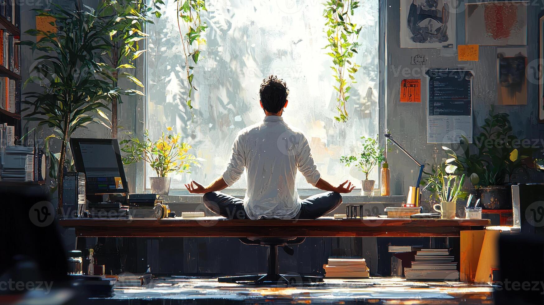 A man meditating in a chair in front of a window photo