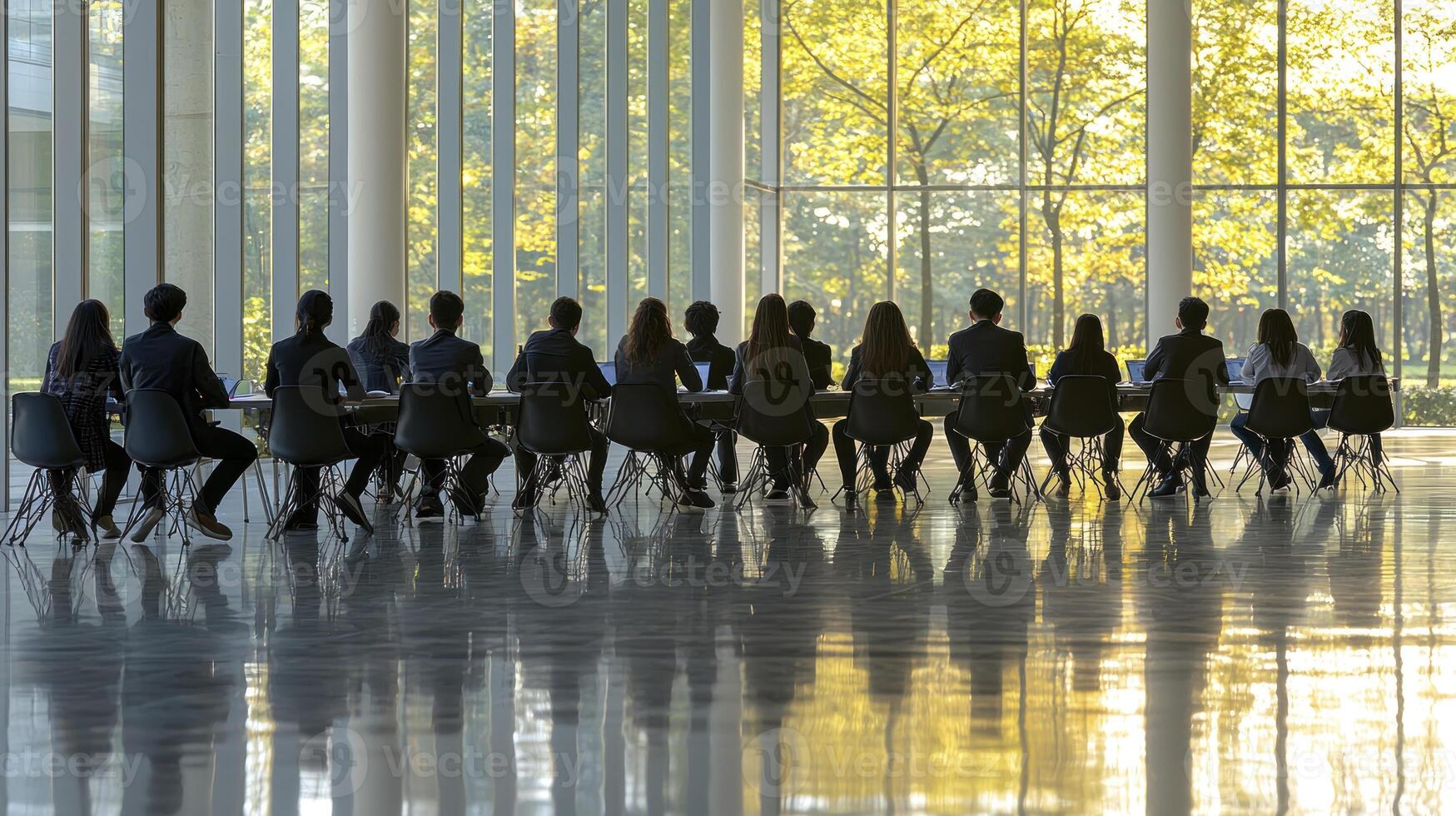 A group of people sitting at a table in a large room photo