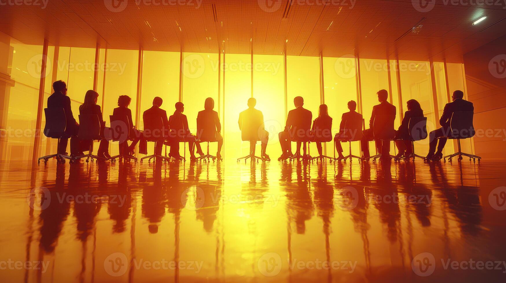 Silhouette of business people in a meeting room with the sun shining through photo