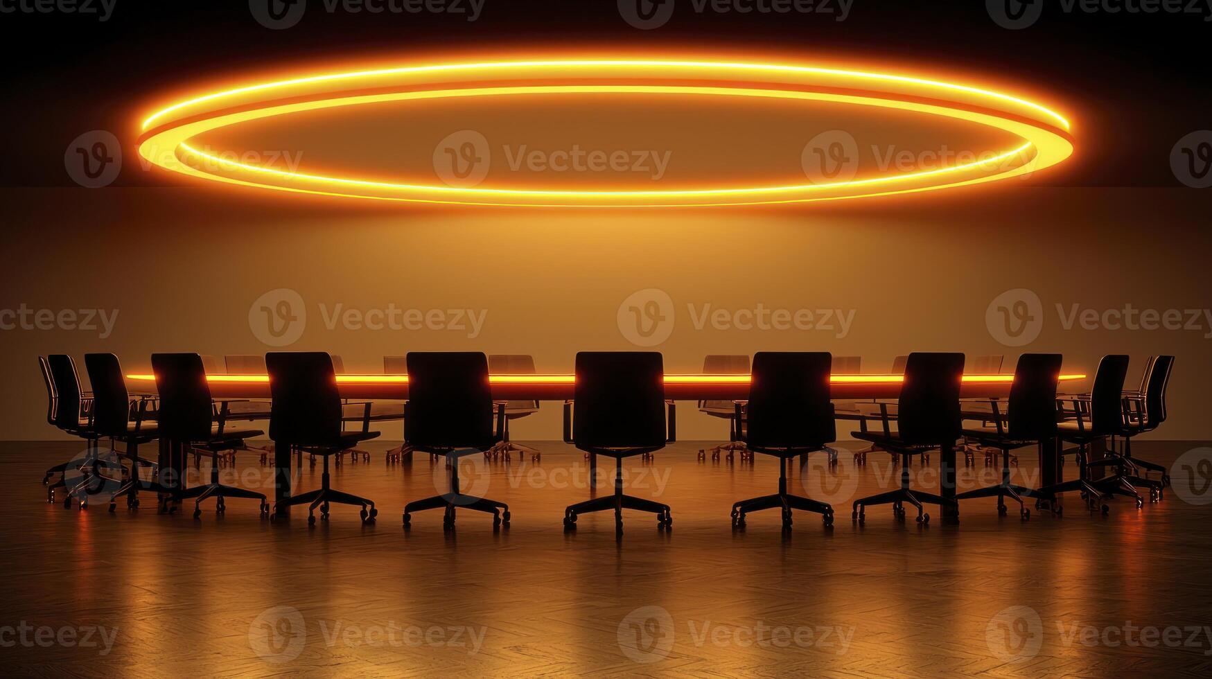 A conference room with chairs and a circular light photo