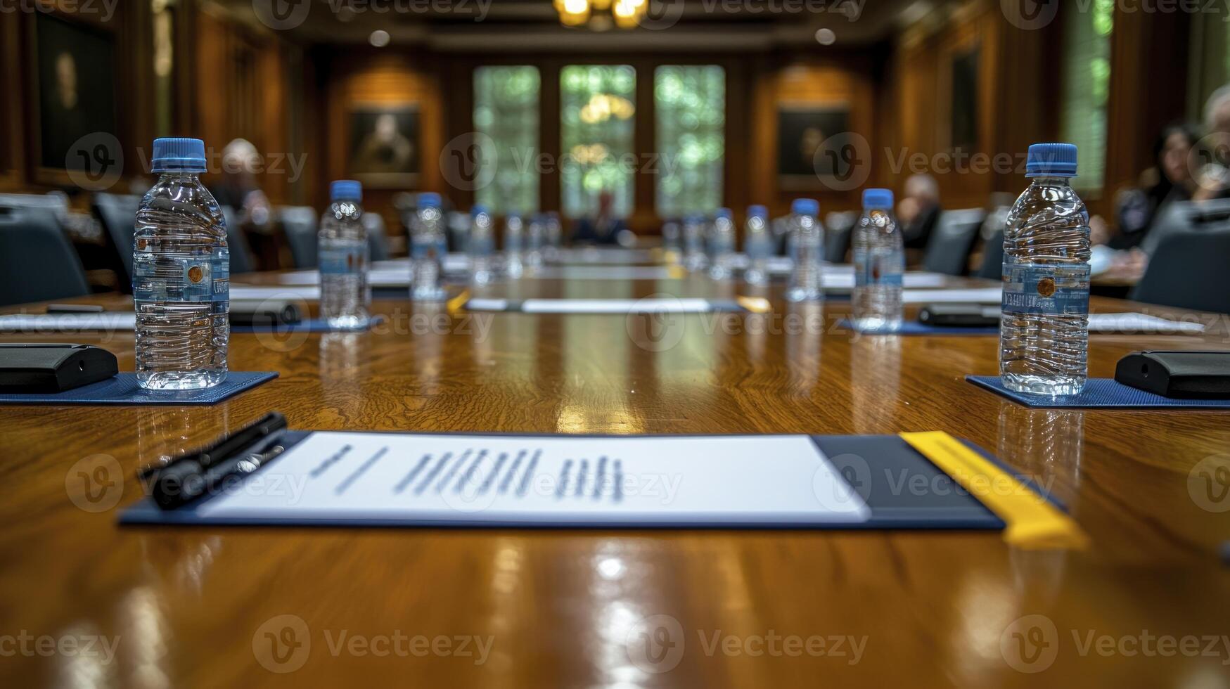 A conference table with water bottles and pens on it photo