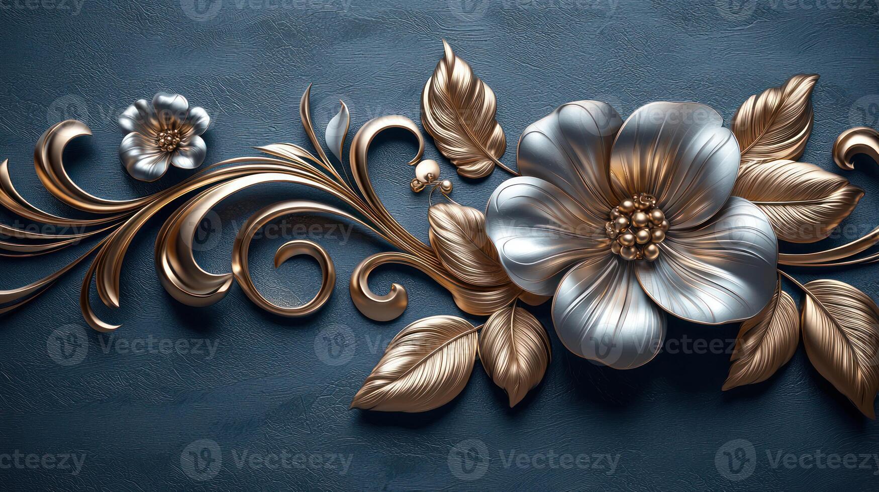 3d rendering of a flower on a blue wall photo