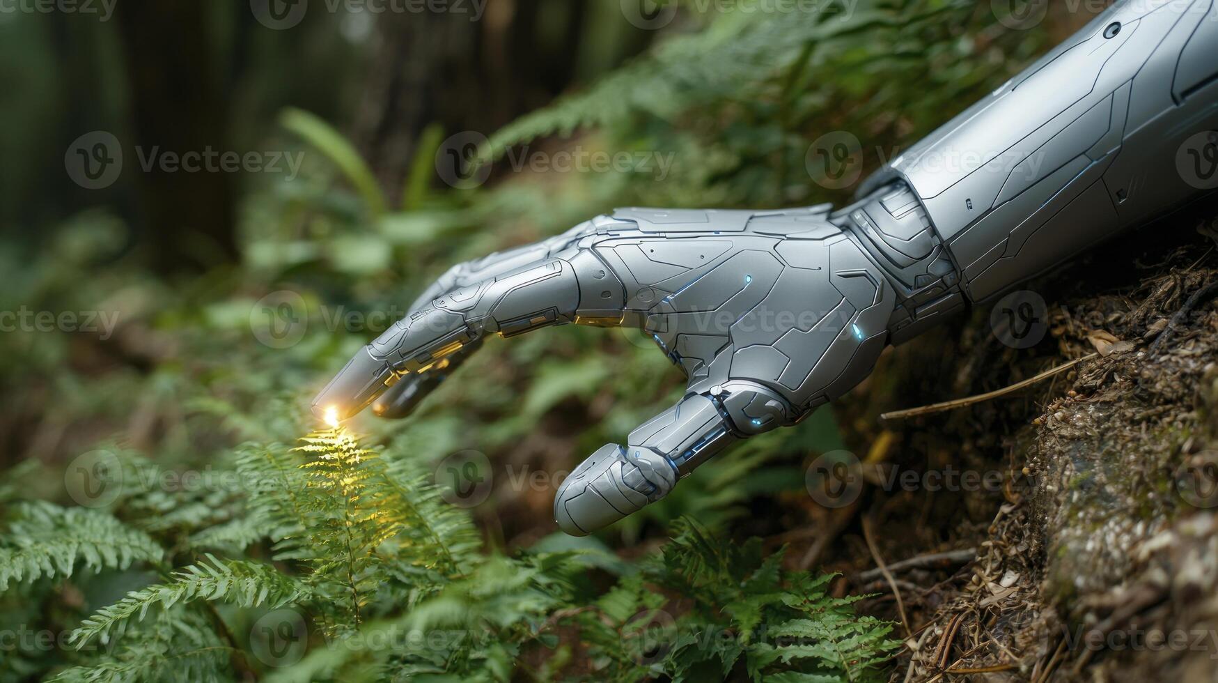 A robot hand reaching out to touch a plant photo
