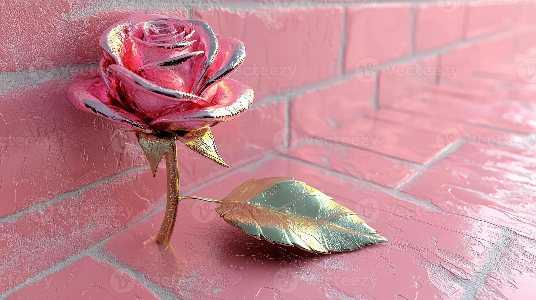 A pink rose sitting on a pink brick wall photo