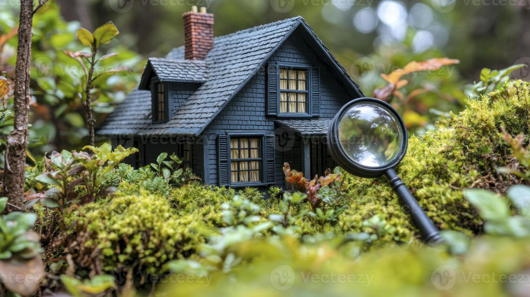 A miniature house in the forest with a magnifying glass photo