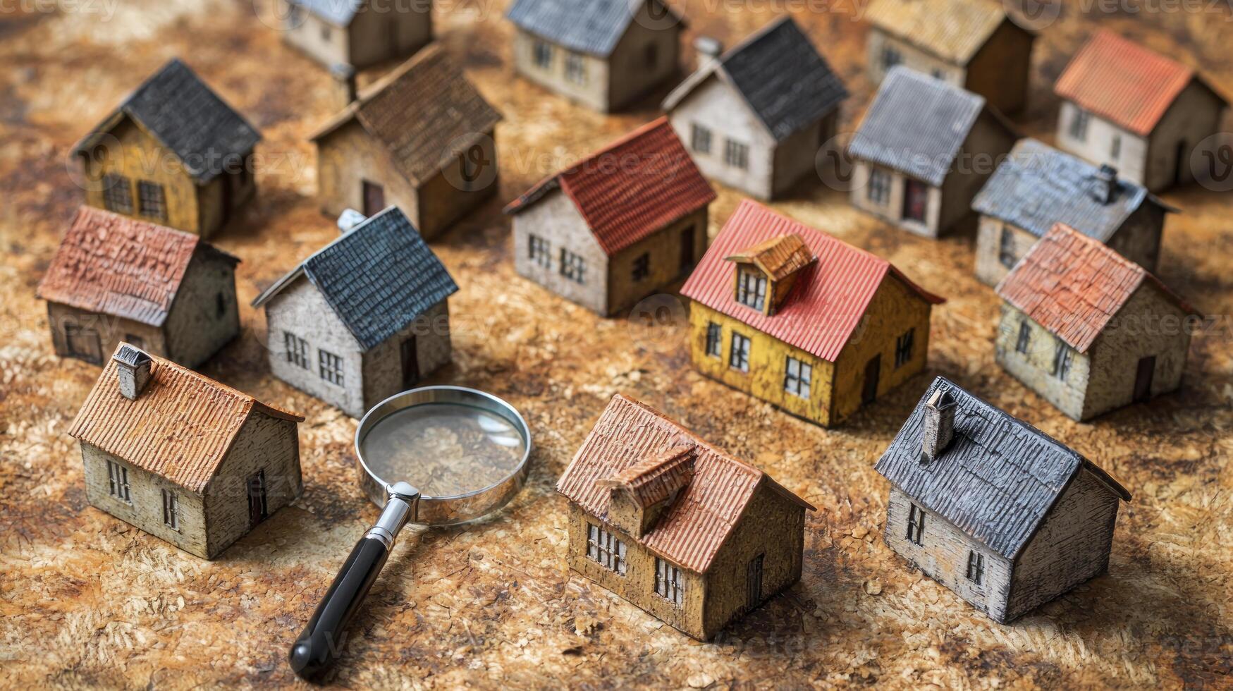 Small houses with magnifying glass on top photo