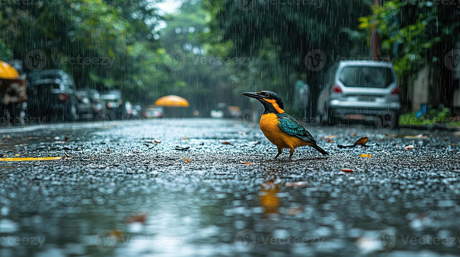 A bird standing on a wet road photo
