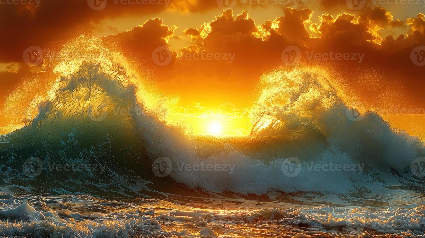 The sun rising over the ocean with waves crashing into it photo