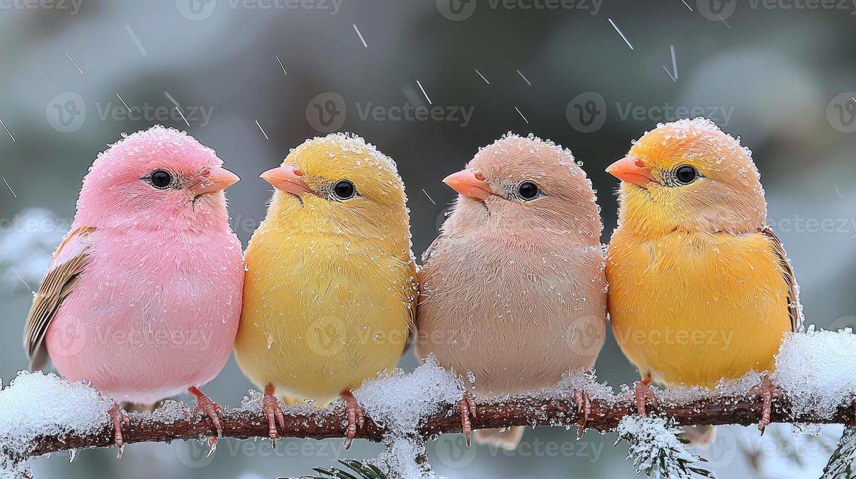 Four colorful birds sitting on a branch in the snow photo