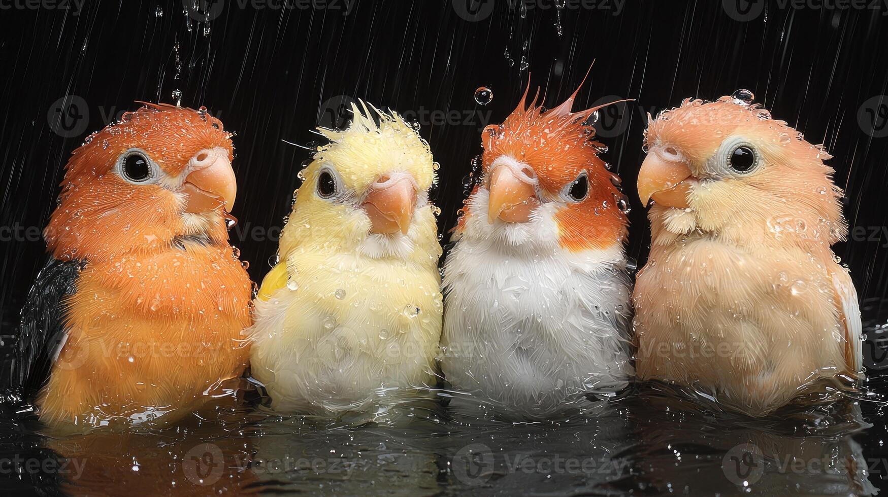 Four colorful birds in the rain photo