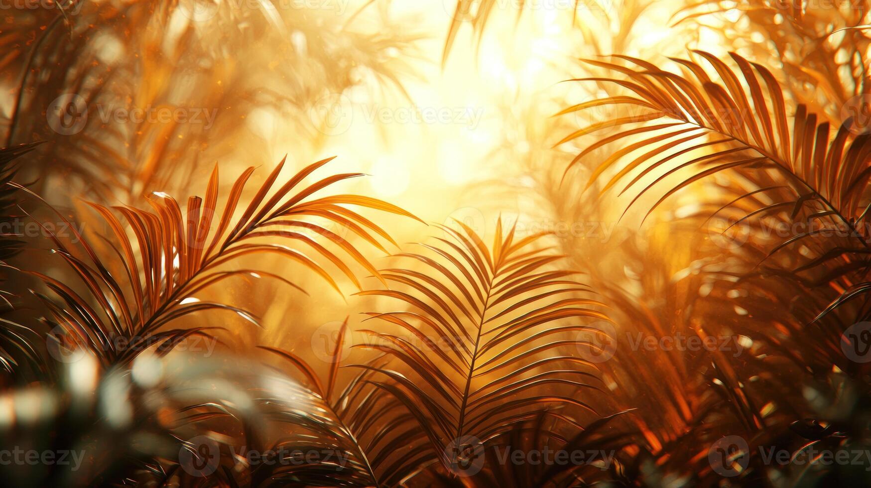 A tropical forest with sunlight shining through the leaves photo