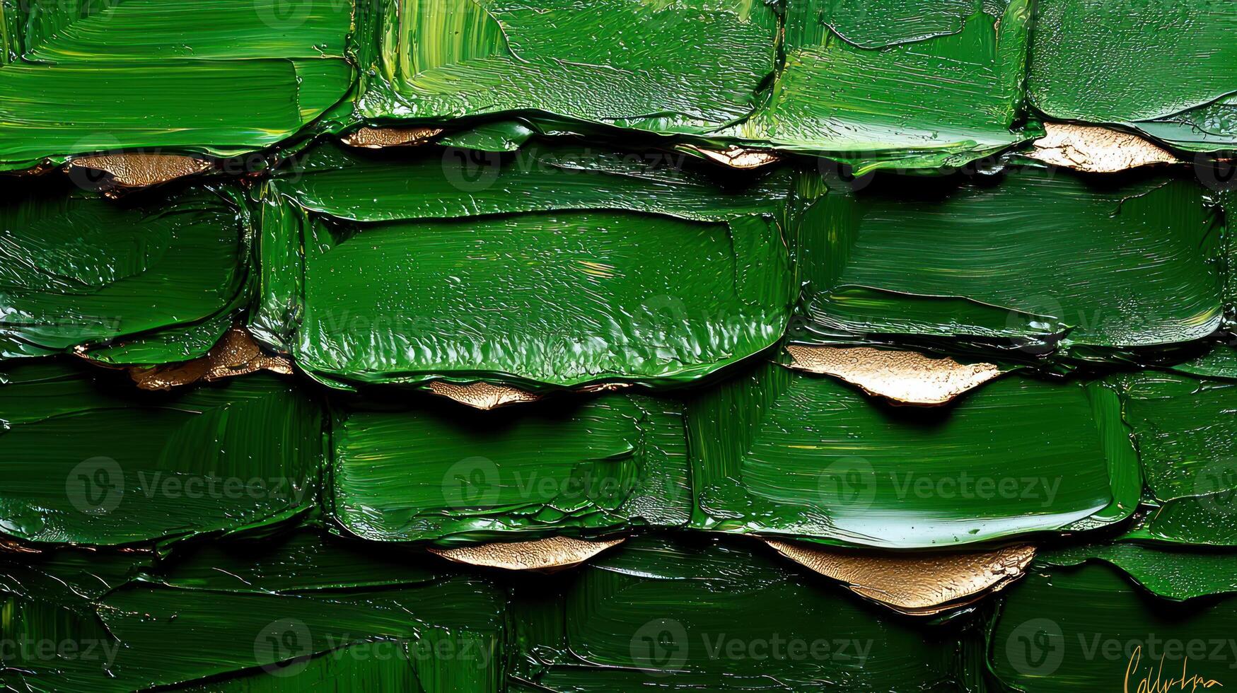 A painting of green paint with gold paint on it photo