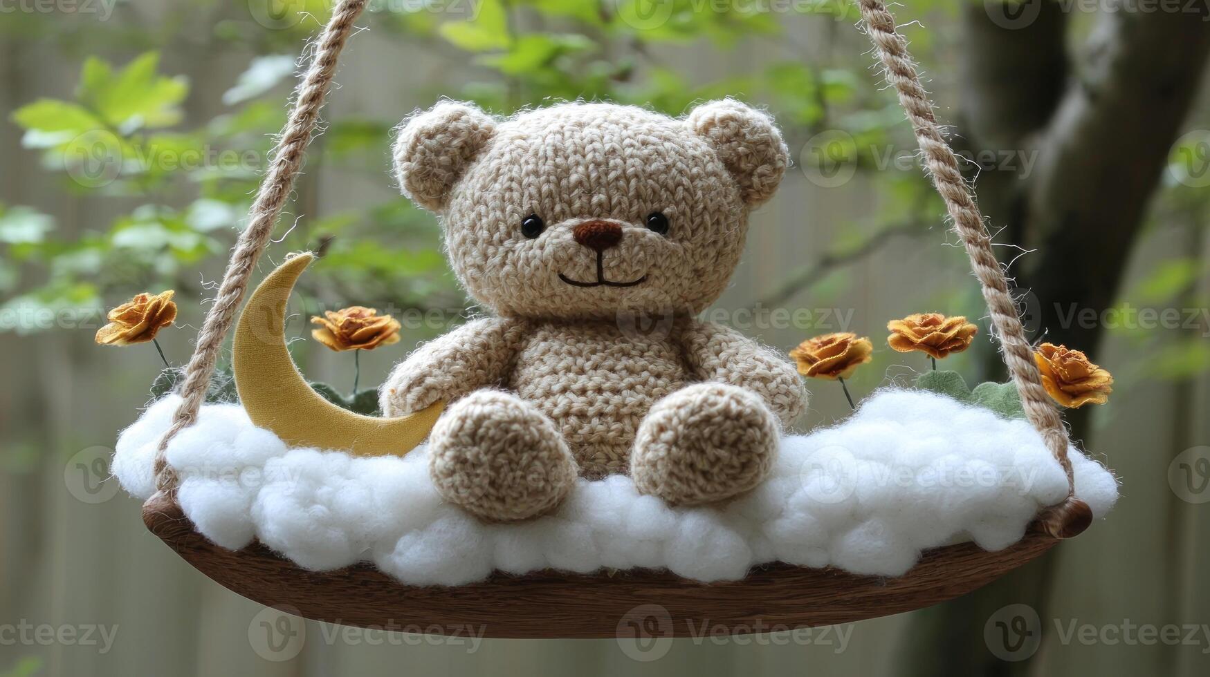 A teddy bear sitting on a swing with flowers photo