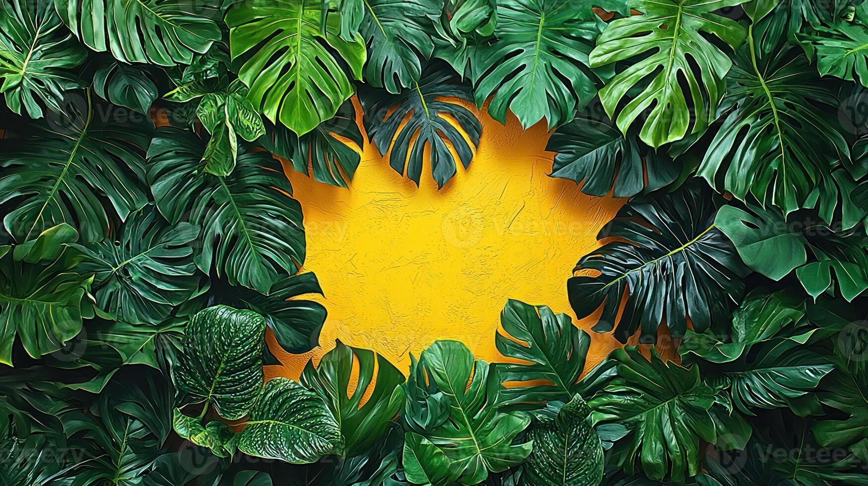 Tropical leaves on yellow background photo