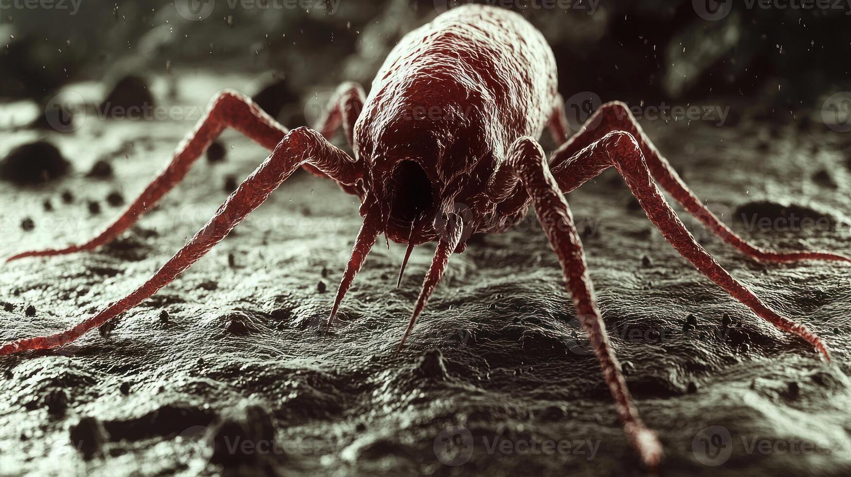 A red bug on the ground with its legs spread out photo
