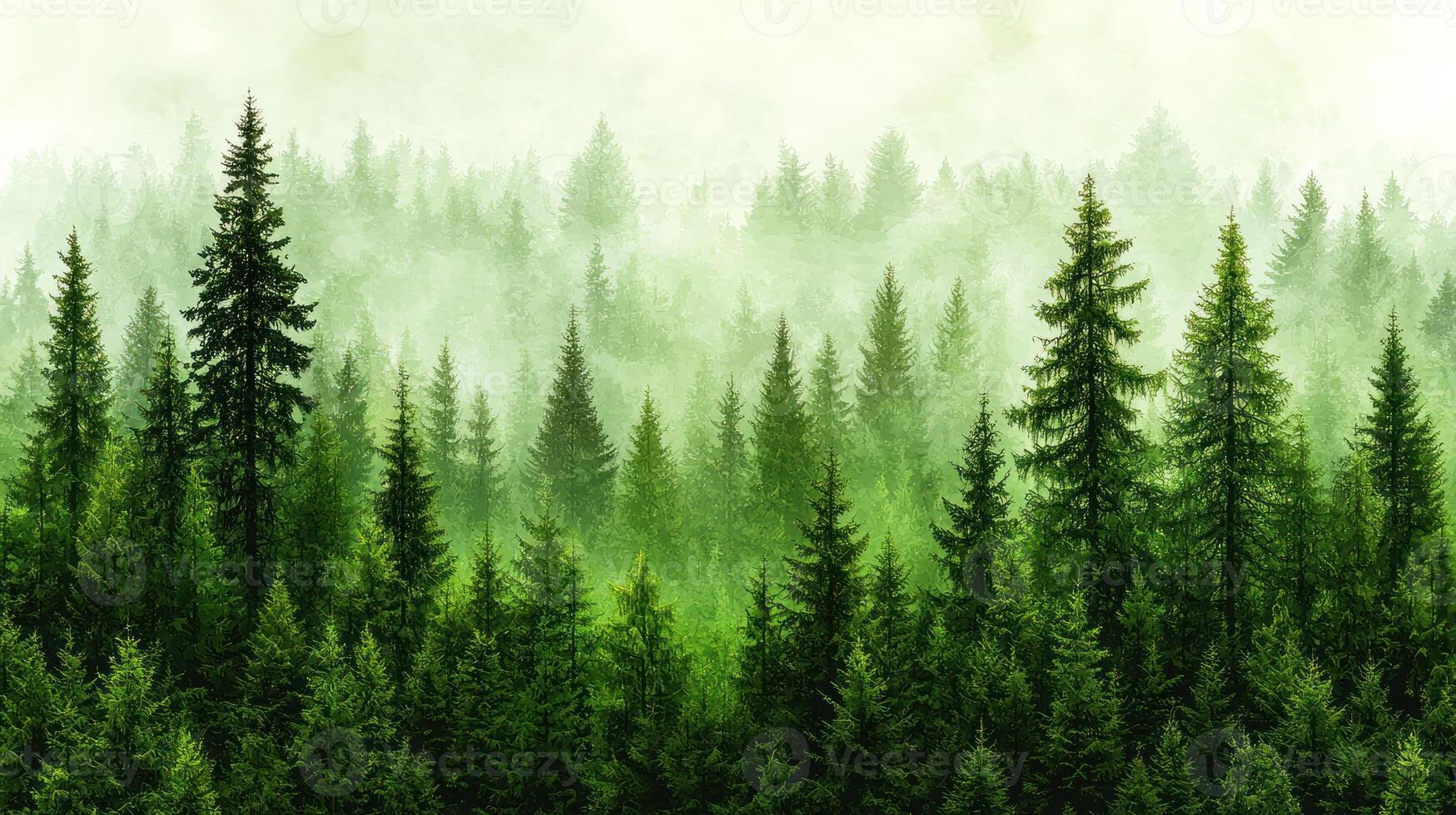 A green forest with trees and fog photo