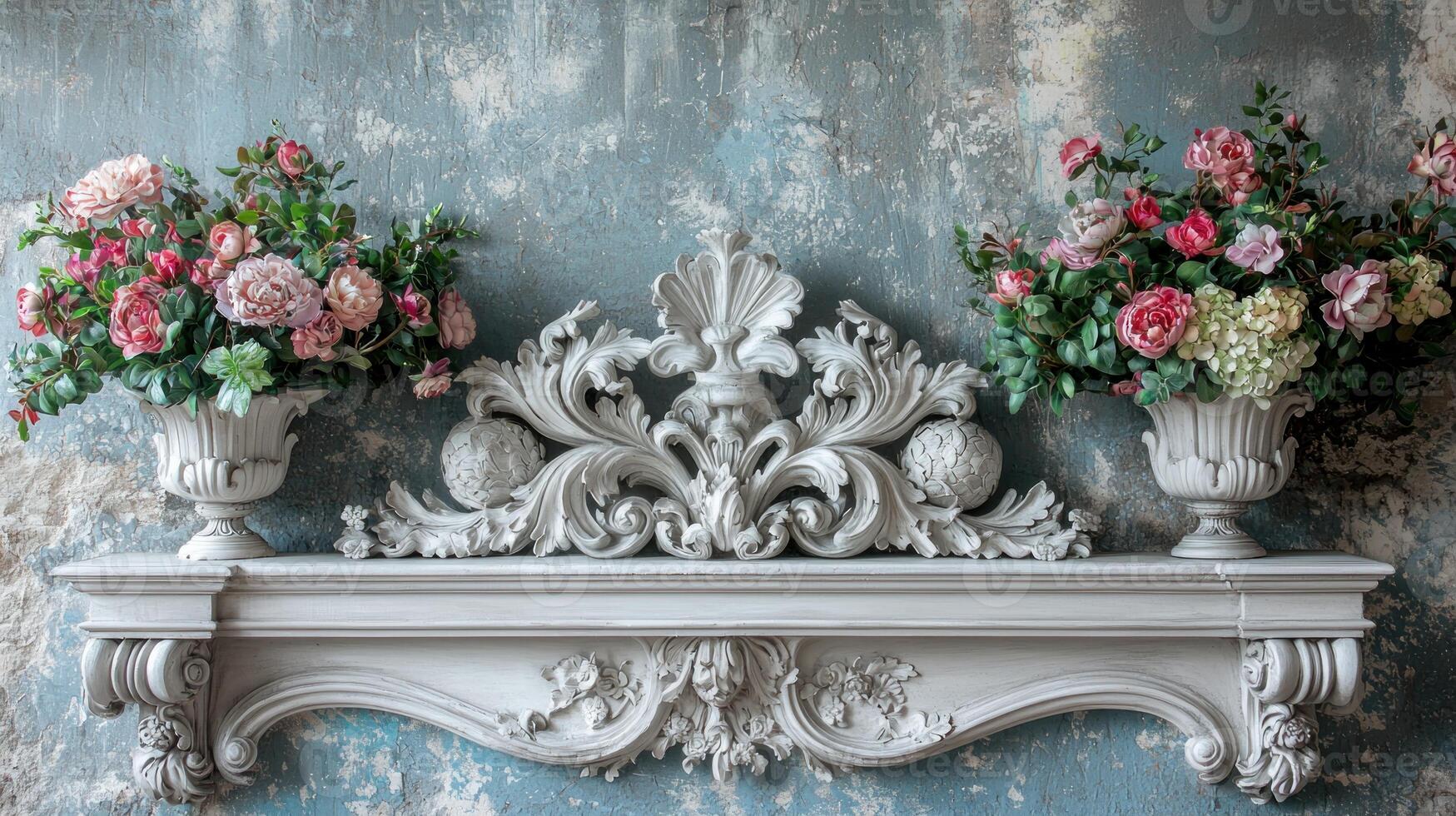 A white mantle with two vases of flowers photo