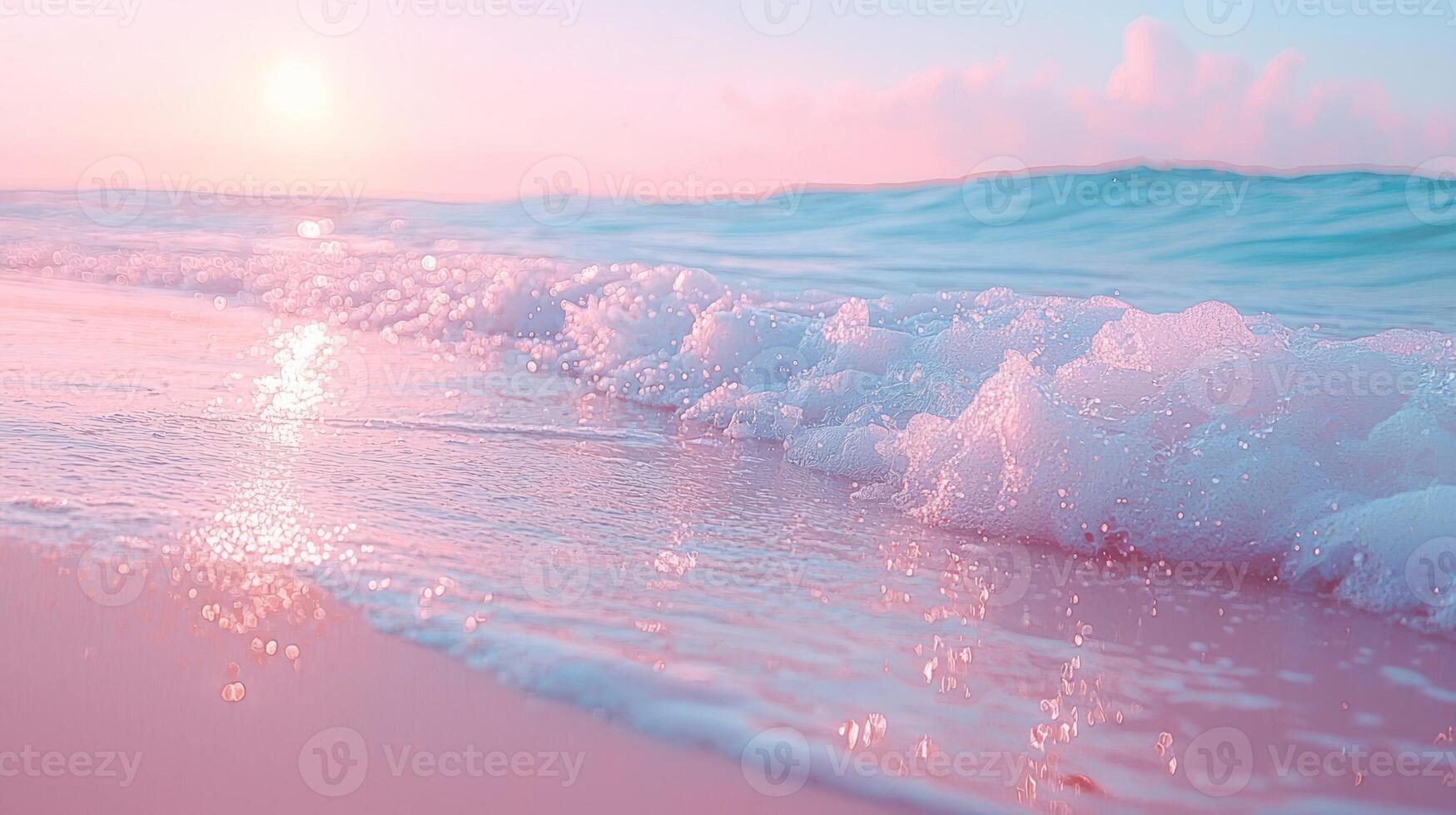 A pink beach with waves and the sun setting photo