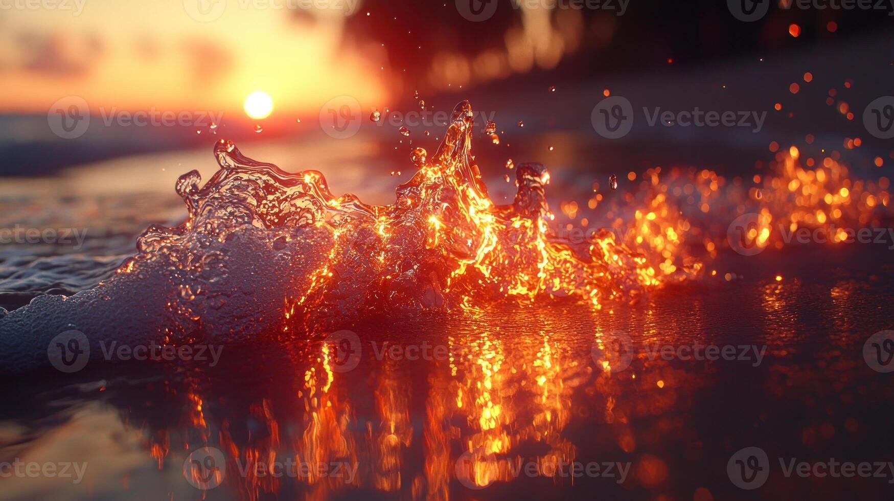 A sunset with fire and water splashing on the beach photo