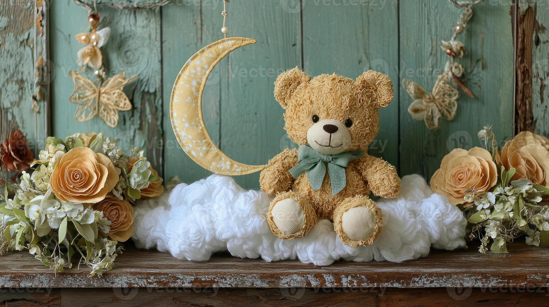 A teddy bear sitting on a cloud with a moon photo