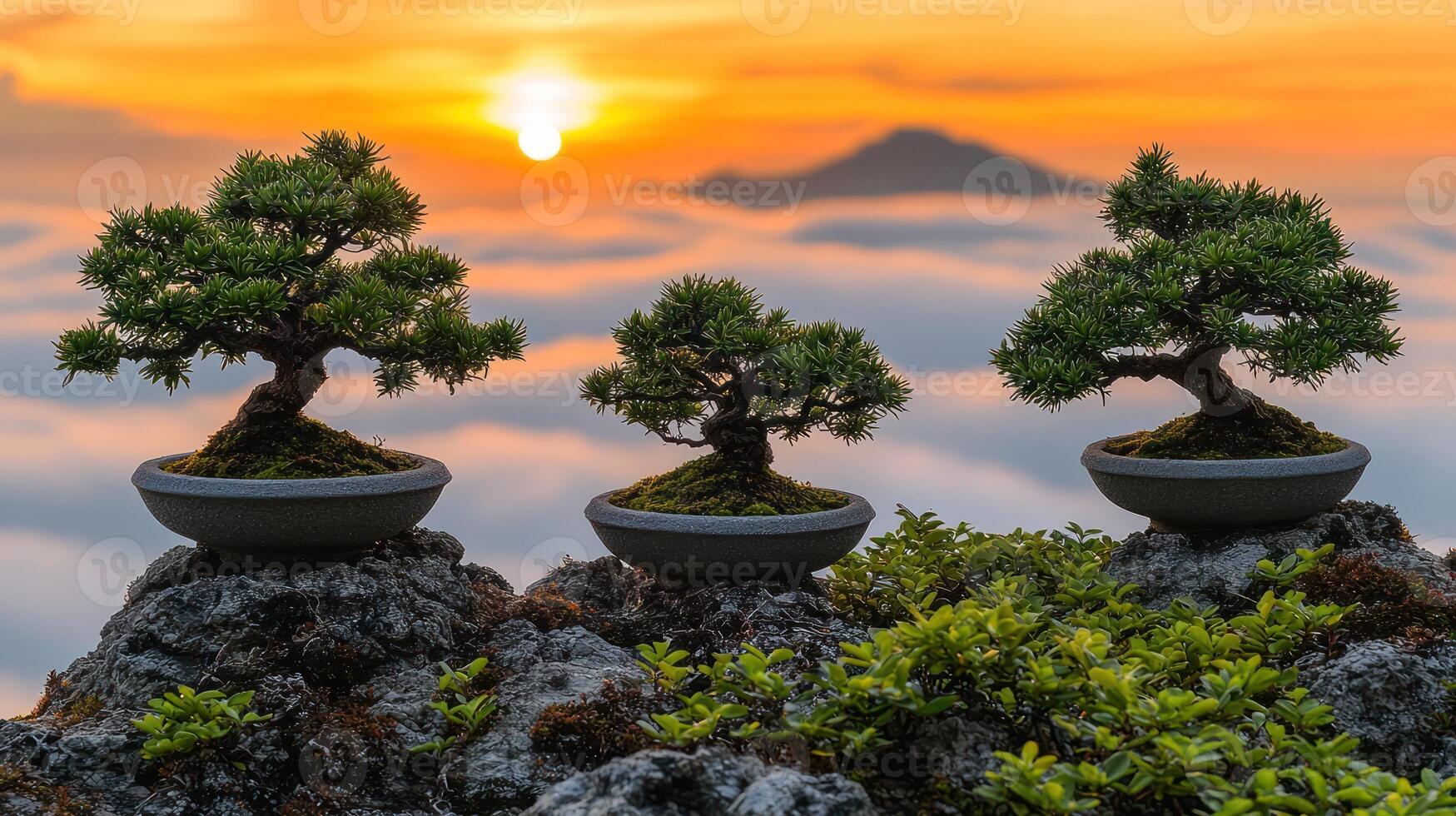 Bonsai trees in pots on top of a mountain photo