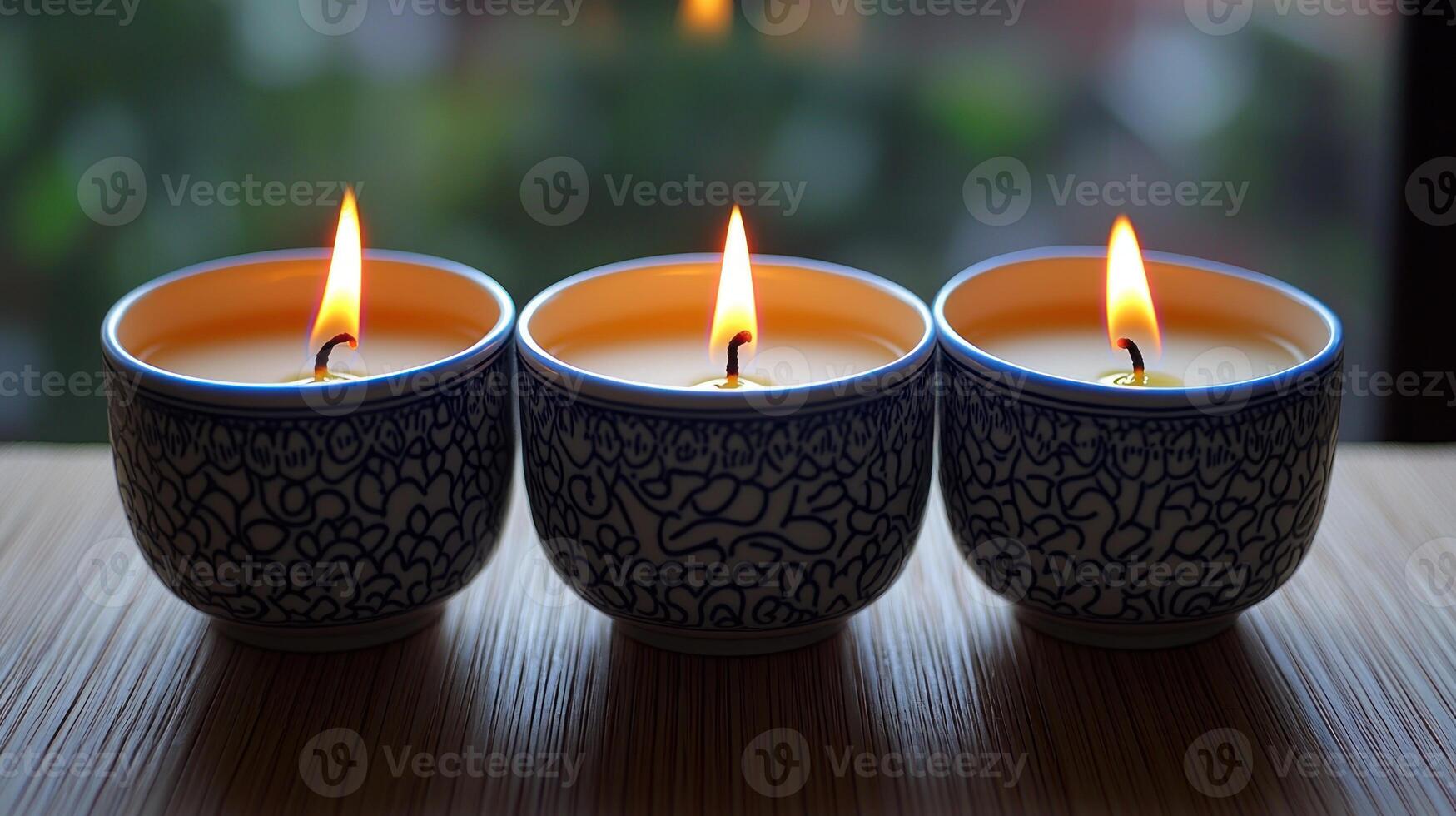 Three candles are lit in blue and white cups photo