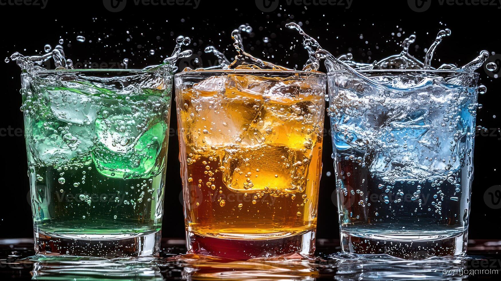 Three different colored drinks are splashed into a glass photo
