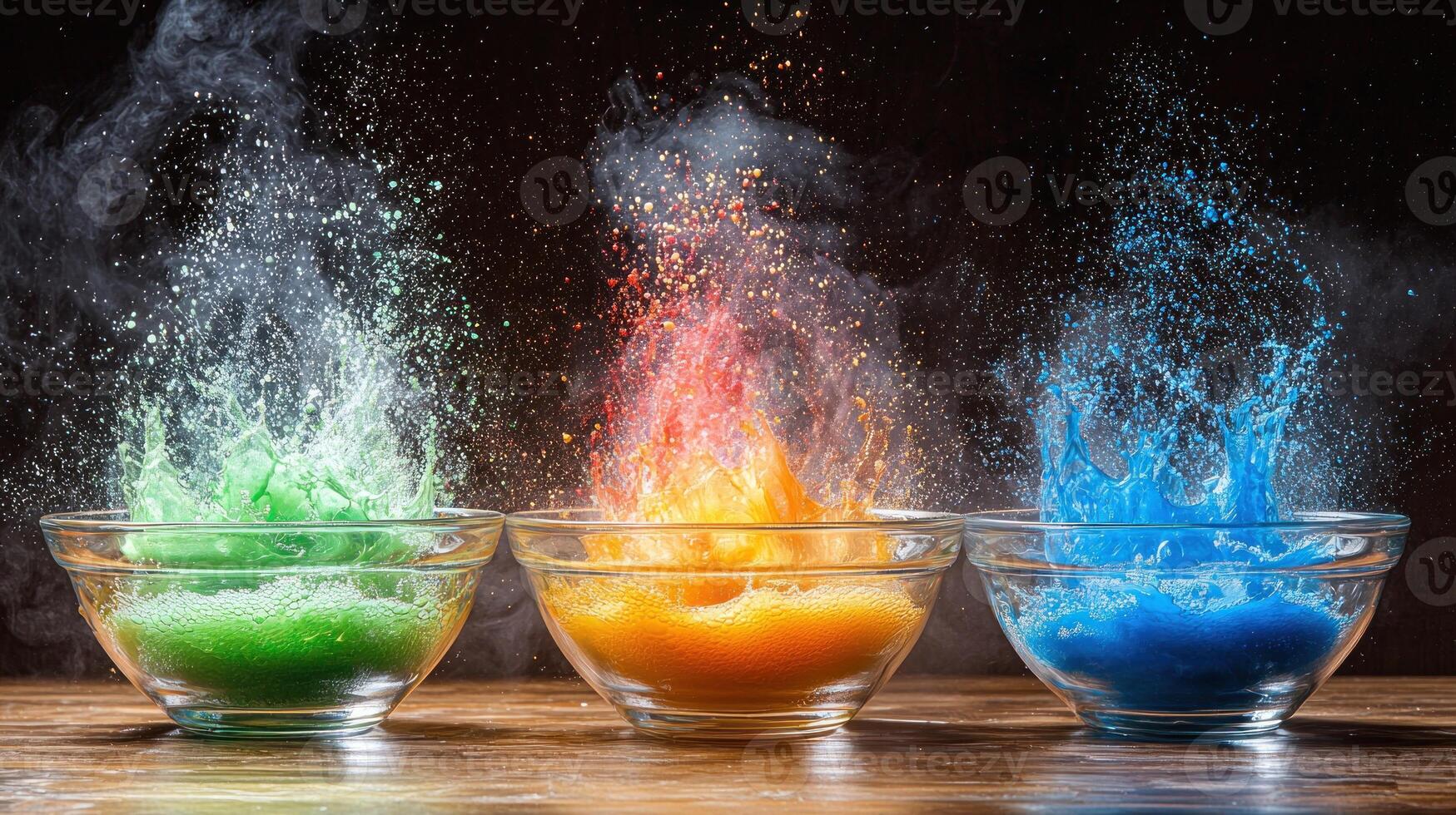 Three bowls of colored powder are being thrown into the air photo