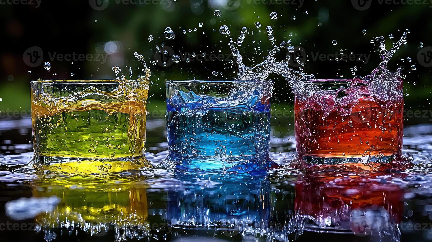 Three glasses of water with colorful liquid splashing photo
