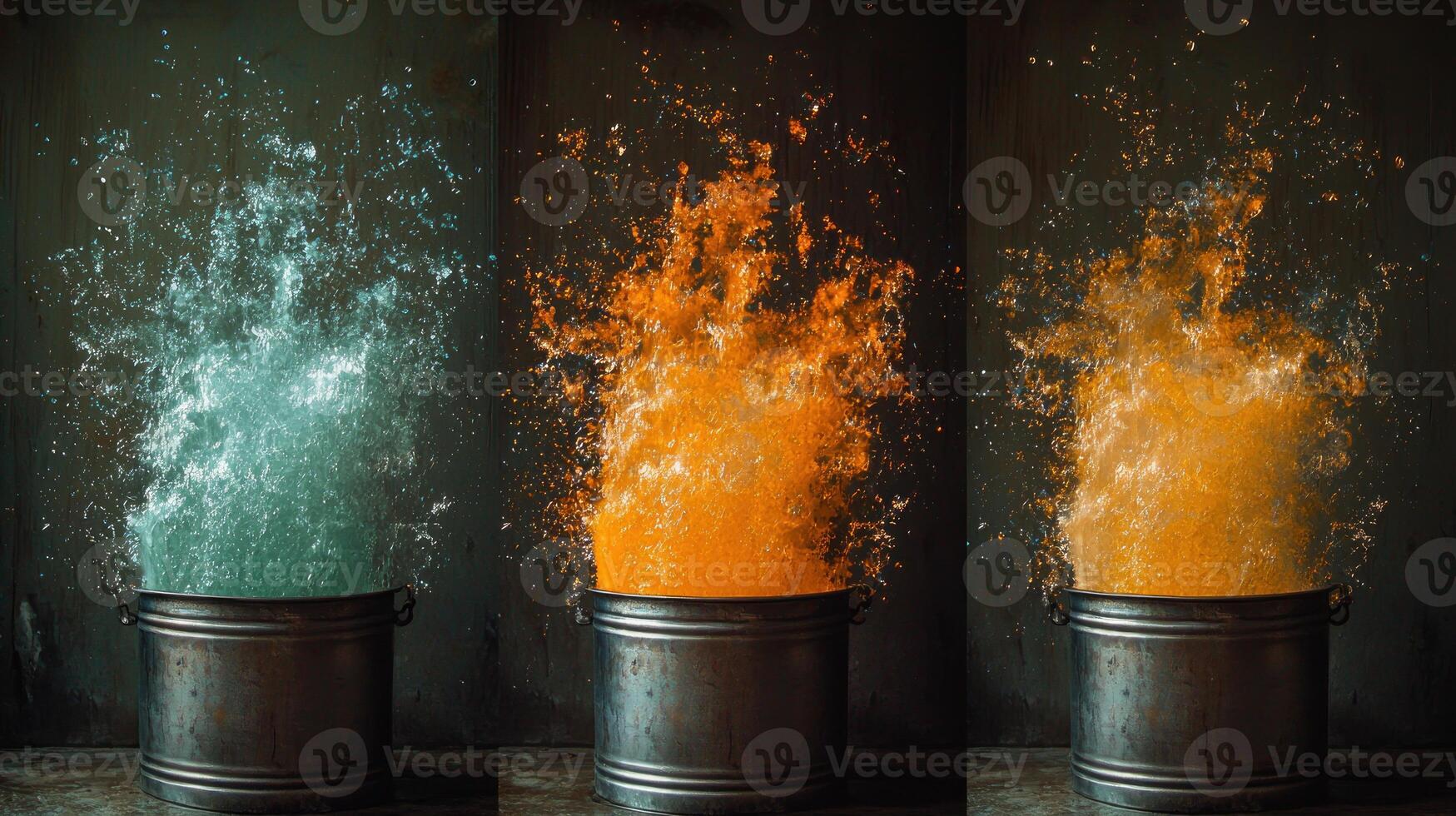 Three different colored liquid being poured into a bucket photo