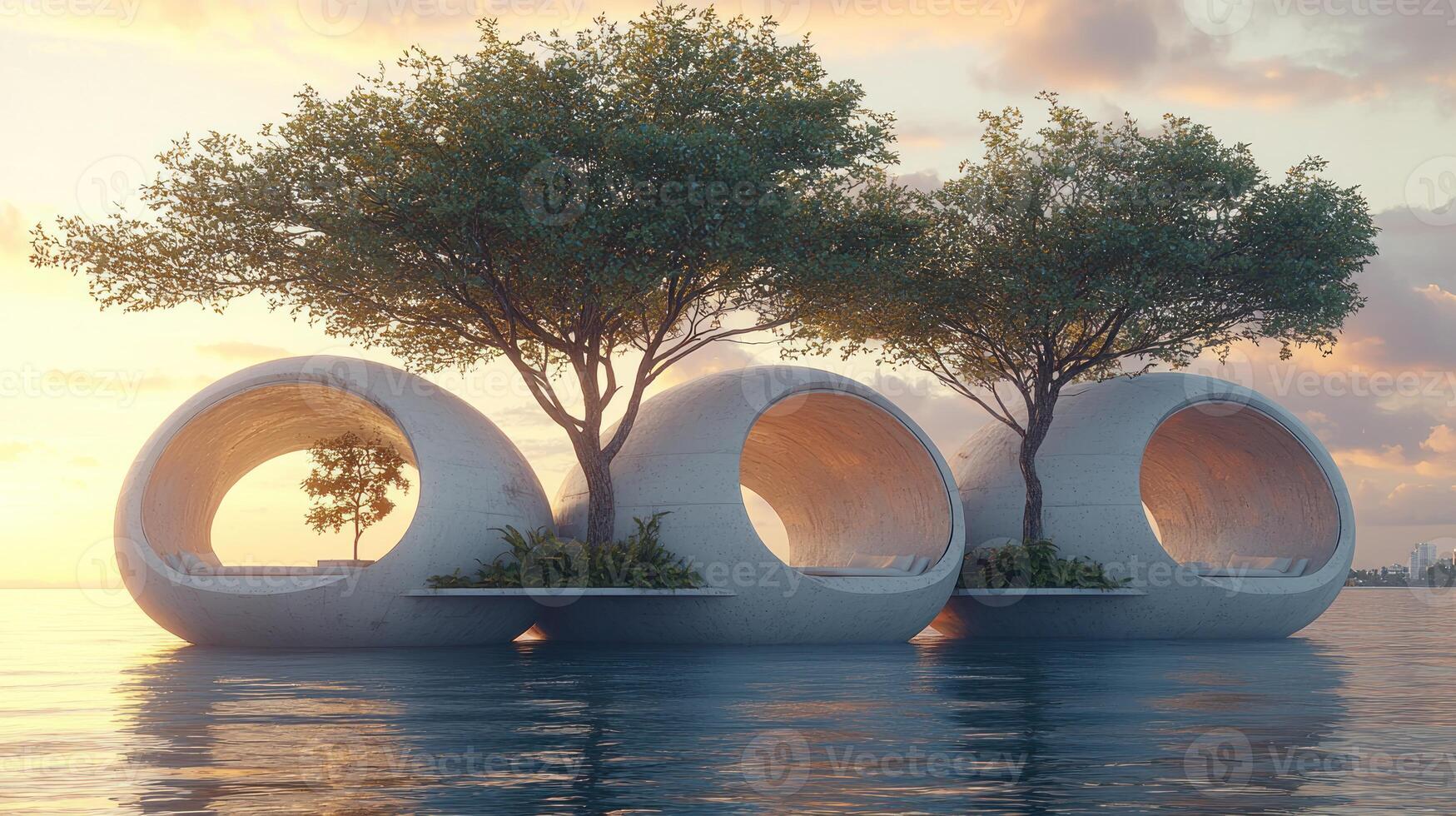 Three circular pods sitting on the water with trees photo