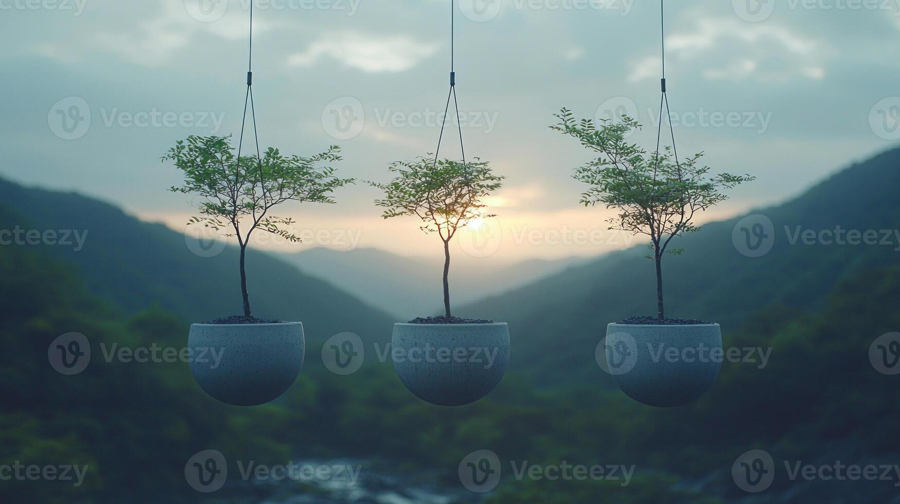 Three hanging plants with trees in them photo