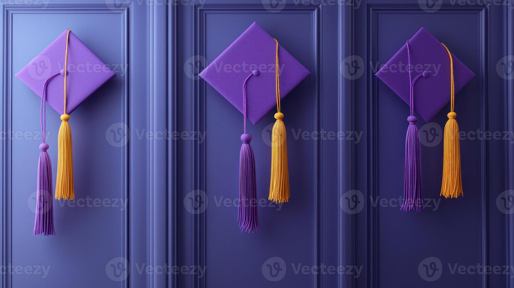 Three purple and orange graduation caps hang on a wall photo