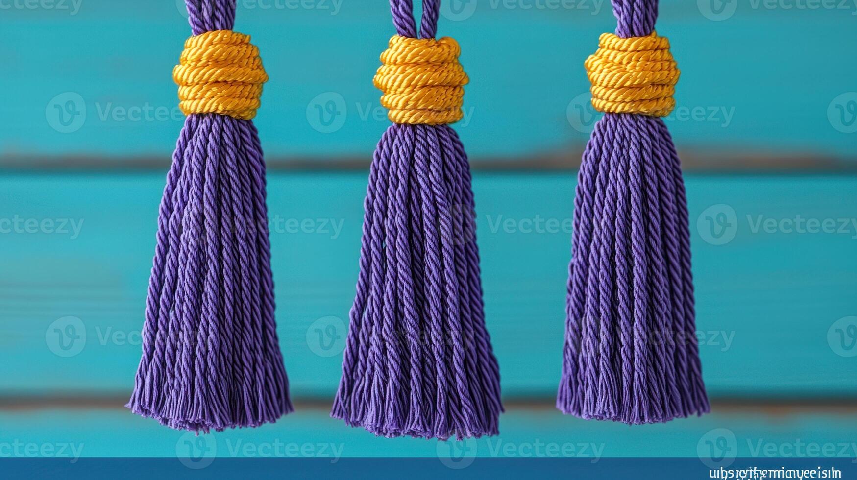 Three purple tassels hanging from a blue background photo
