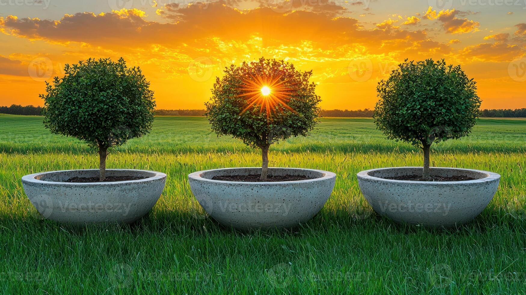 Three large planters with trees in them photo
