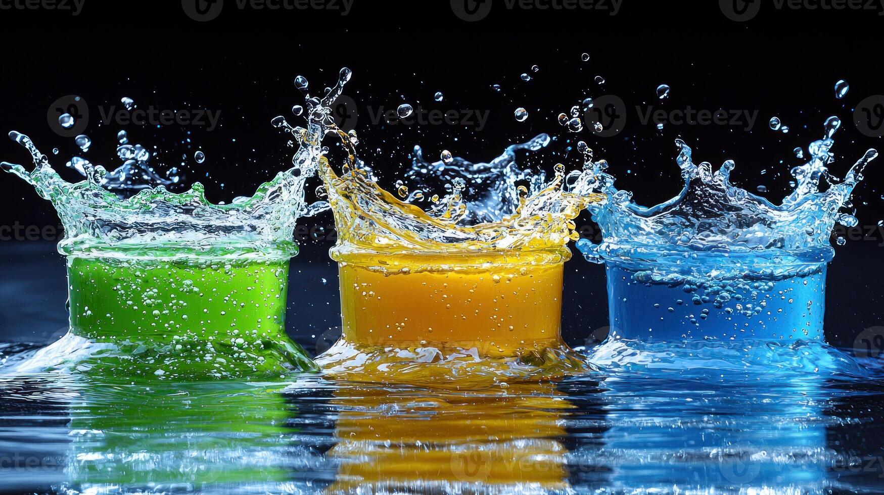 Three colorful drinks splash into the water photo
