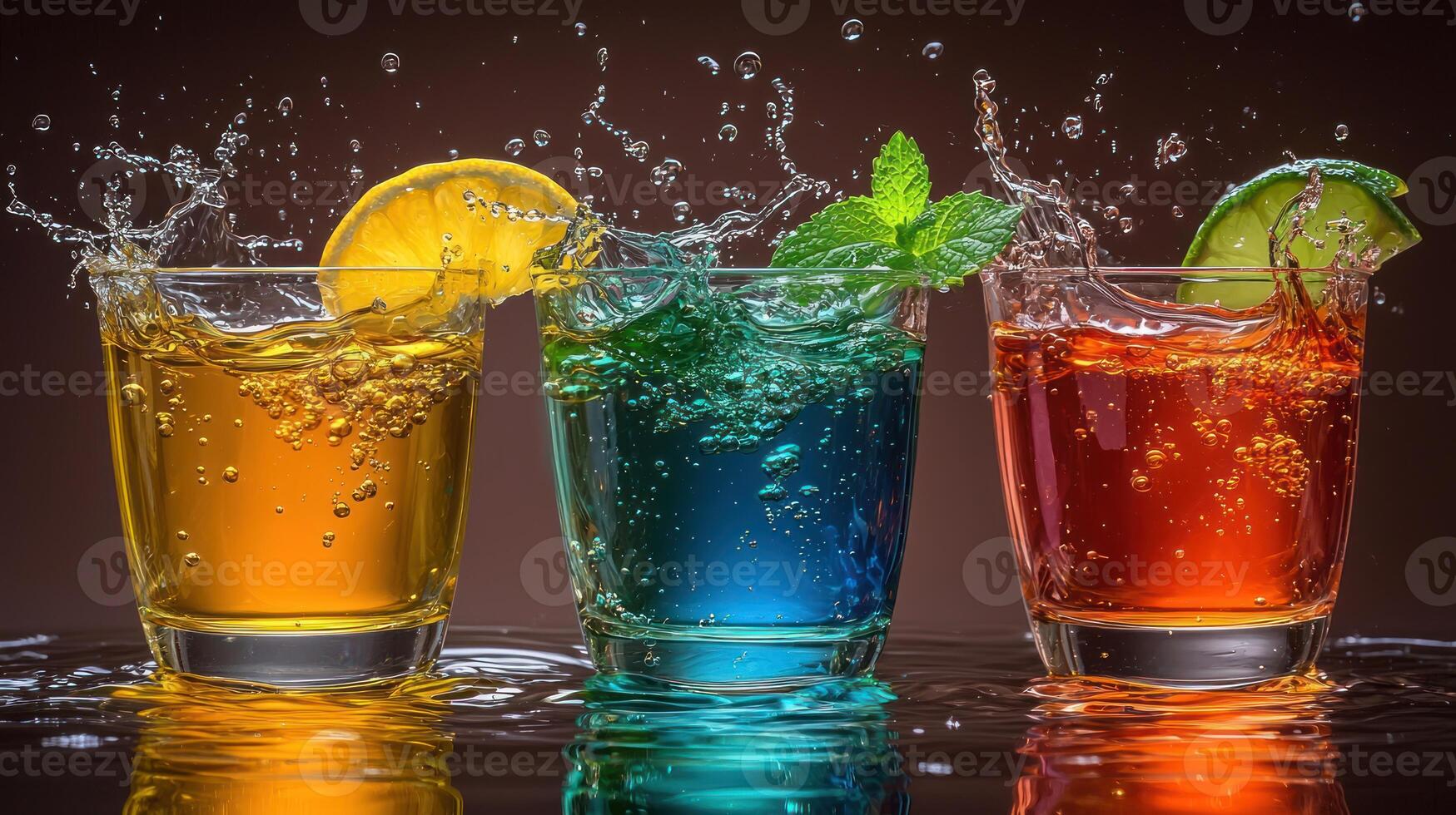 Three glasses of colorful drinks with water splashing photo