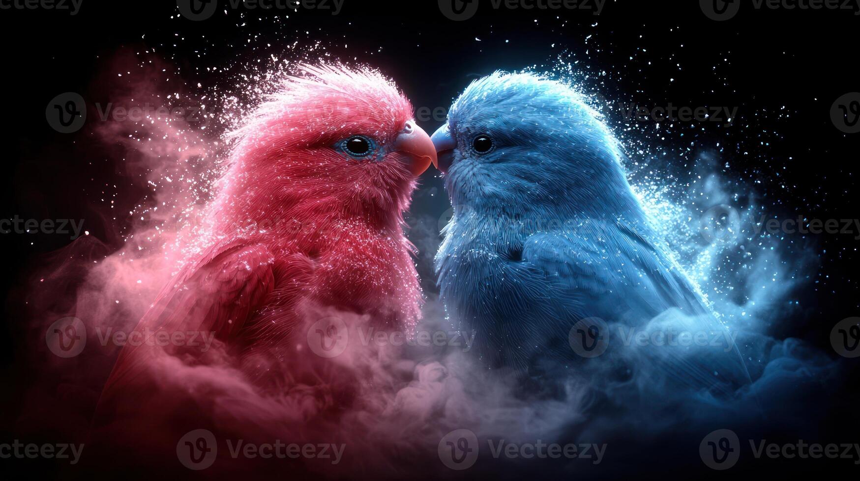 Two birds are kissing in the air with blue and pink colors photo