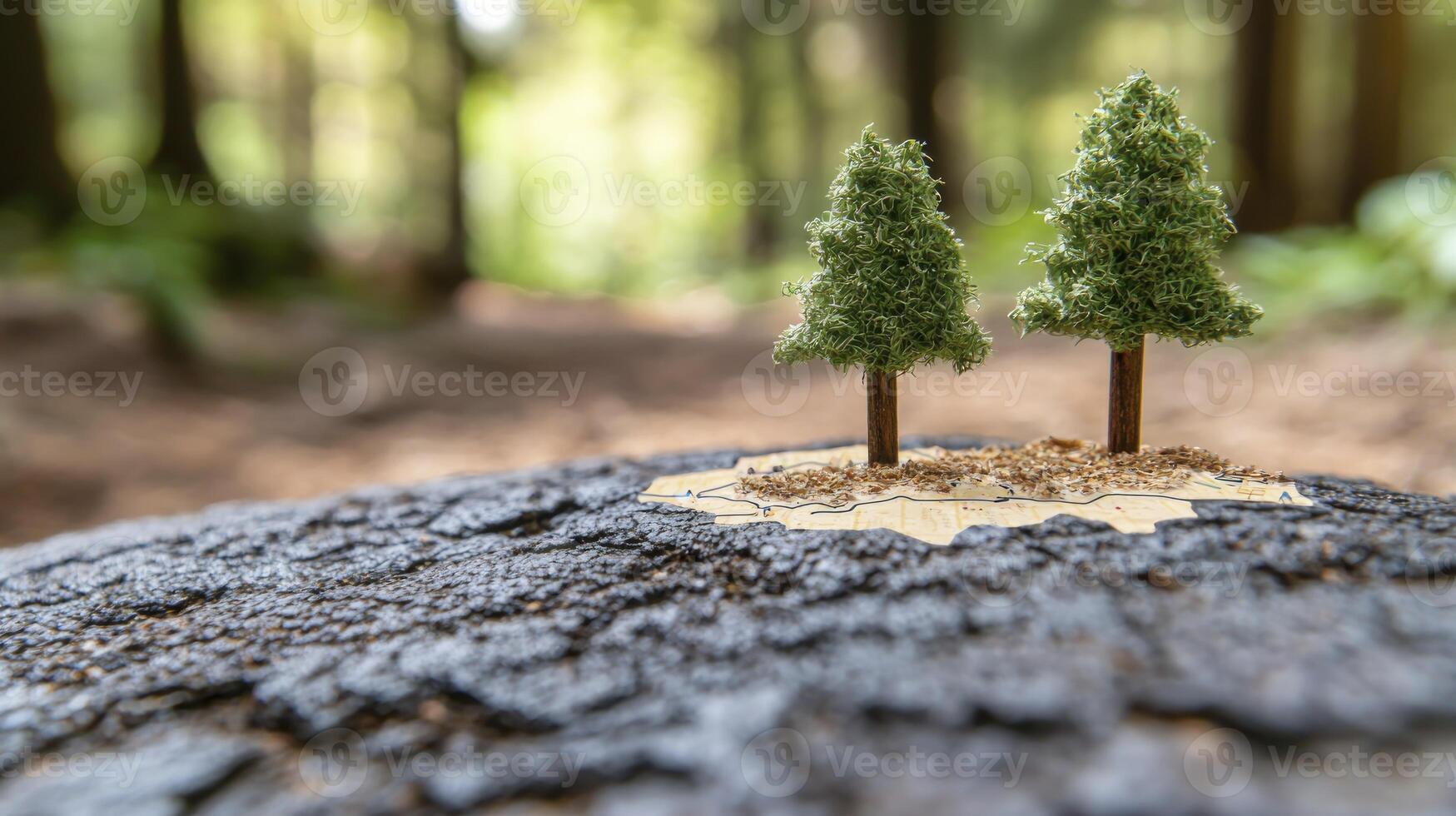 Two small trees are sitting on top of a stump photo