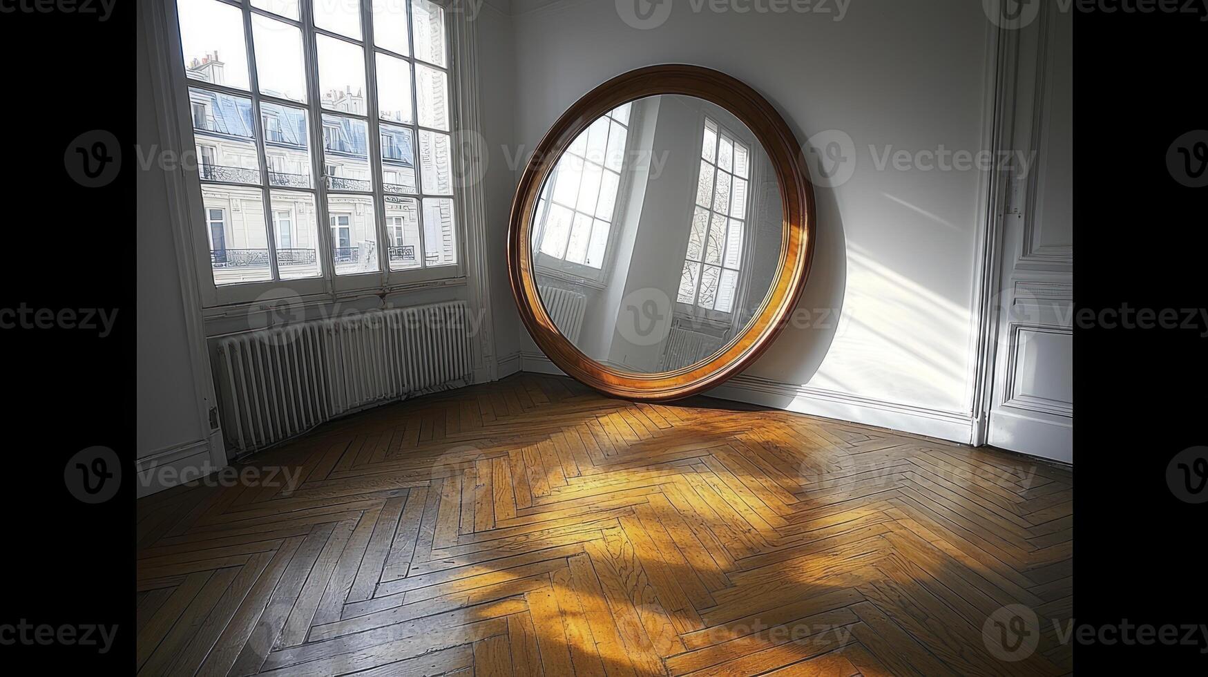 A mirror in a room with a wooden floor and a window photo